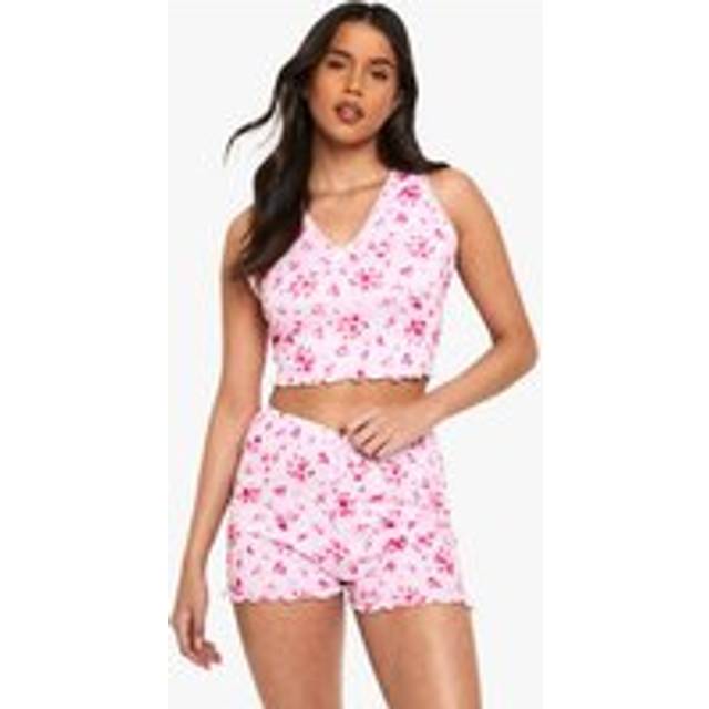 Womens Floral Print Lace Trim Vest & Shorts Pyjama Set - Pink - 6