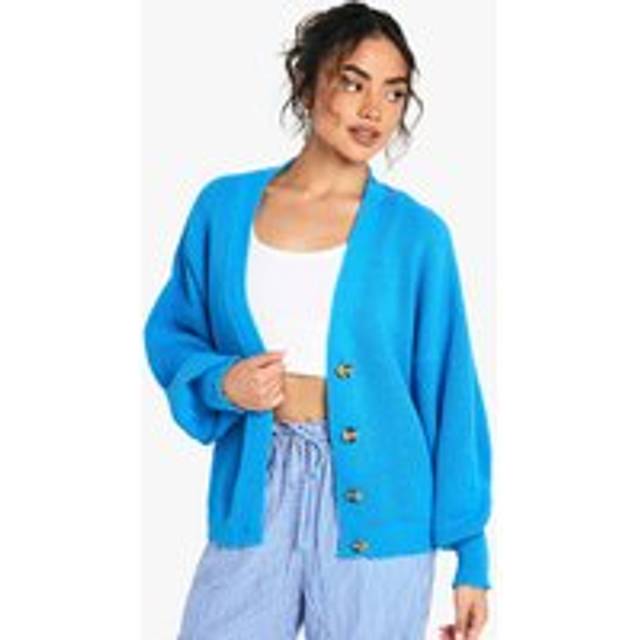 Womens Balloon Sleeve Button Through Rib Cardigan - Blue - XS