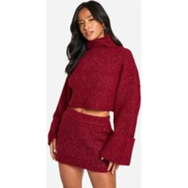Womens Petite High Neck Oversized Crop Knitted Jumper And Micro Mini Skirt Set - Red - M, Red