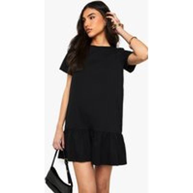 Womens Cotton Ruffle Dropped Hem Smock Dress - Black - 8
