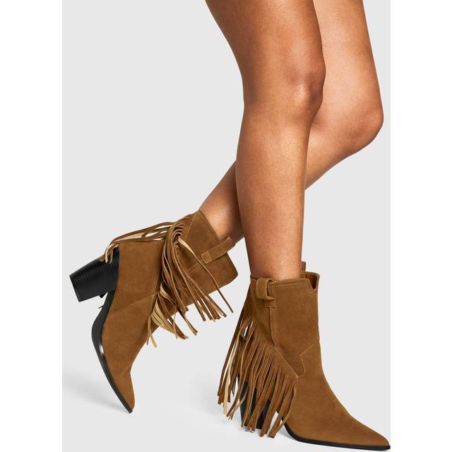 Womens Faux Suede Fringe Tassel Detail Heeled Western Ankle Boot - Brown - 3