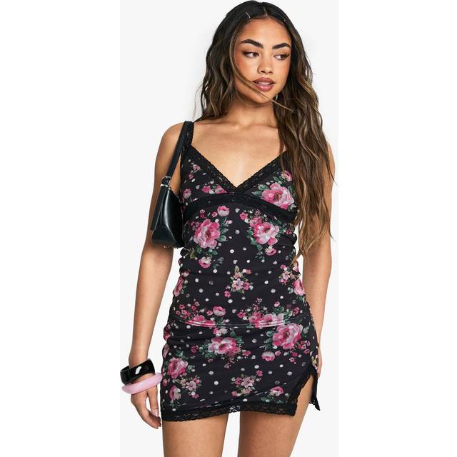 Womens Floral Printed Mesh Lace Trim Split Mini Skirt - Black - 12, Black