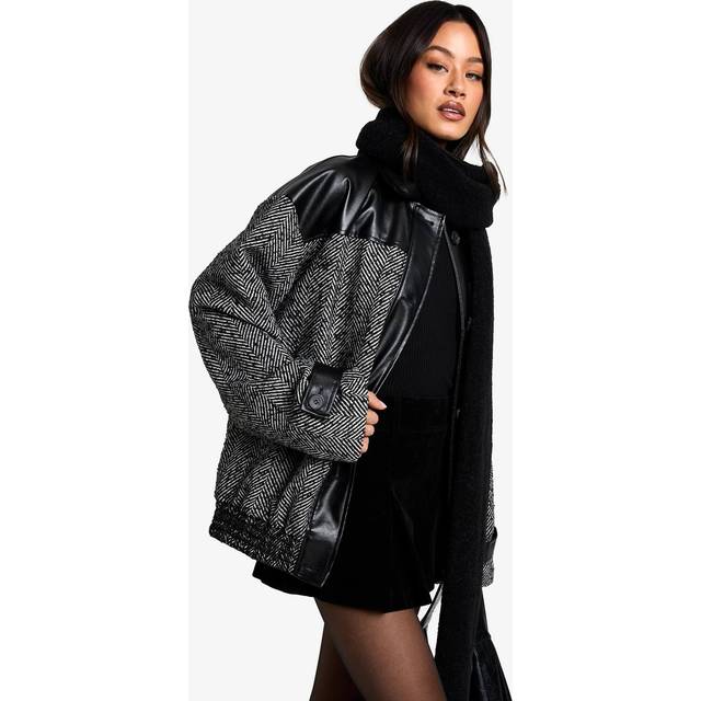 Womens Tall Oversized Contrast Pu Trim Herringbone Bomber Jacket - Black - 14, Black