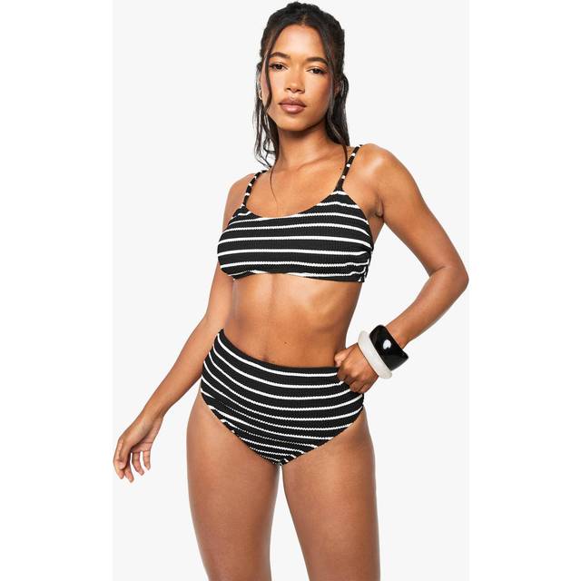 Womens Crinkle Stripe Scoop Bikini Top & High Leg Bikini Bottoms Set - Black - 16