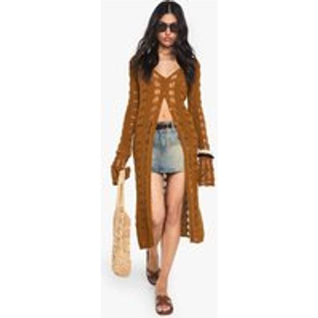 Womens Crochet Frill Sleeve Maxi Cardigan - Brown - L, Brown
