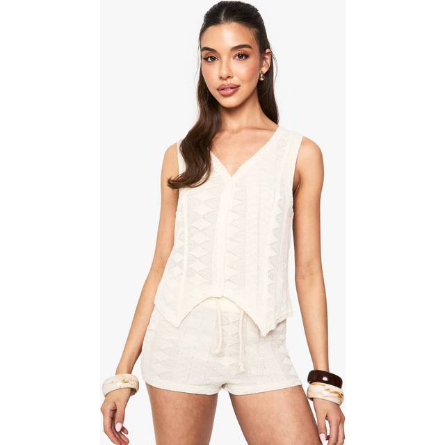 Womens Mix And Match Textured Patterned Knitted Waistcoat - White - 14, White
