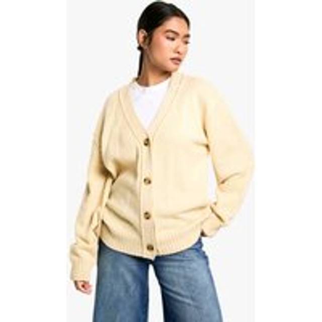 Womens Seam Detail Soft Knit Boyfriend Oversized Cardigan - Beige - L, Beige