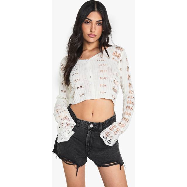 Womens Crochet Frill Sleeve Cardigan - White - M, White