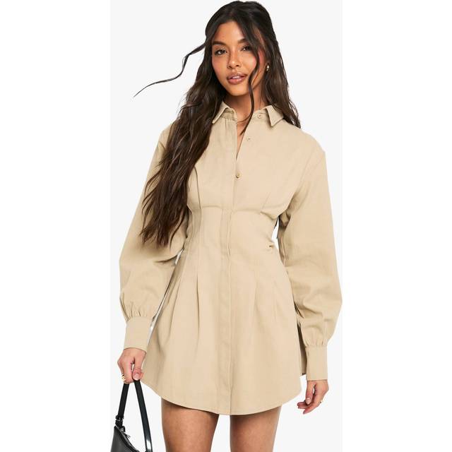 Womens Collared Long Sleeve Shirt Dress - Beige - 18