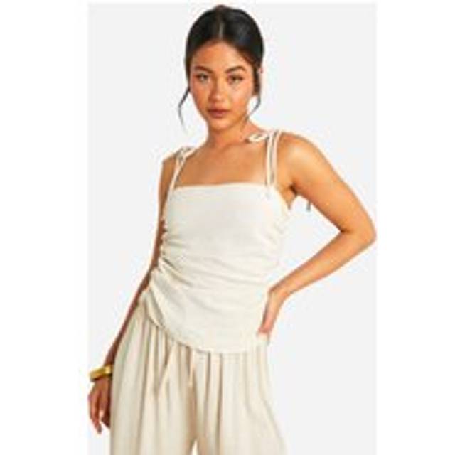 Womens Linen Look Tie Shoulder Ruched Cami - Beige - 10, Beige