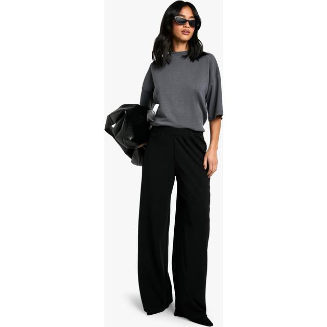 Womens Petite Stretch Wide Leg Trousers - Black - 14