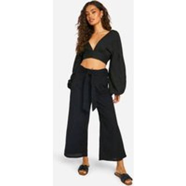 Womens Linen Look Balloon Sleeve Crop & Wide Leg Trousers - Black - 12, Black