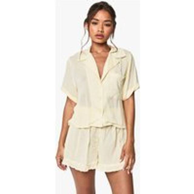 Womens Cheesecloth Boxy Short Sleeve Shirt & Shorts Pyjama Set - Yellow - 10, Yellow