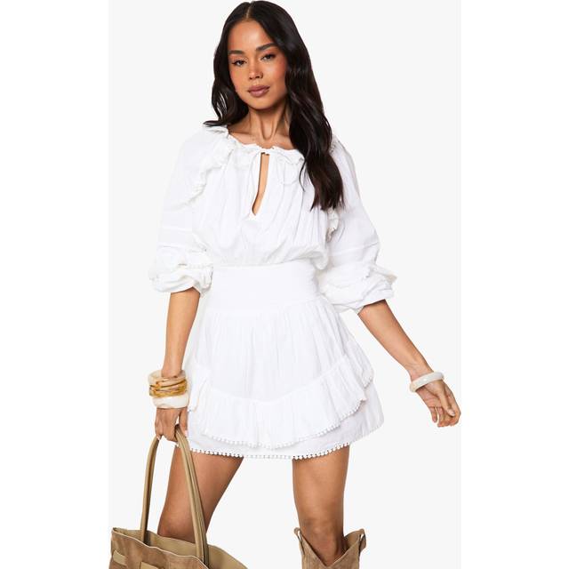 Womens Cotton Lace Trim Ruffle Long Sleeve Mini Dress - White - 16, White