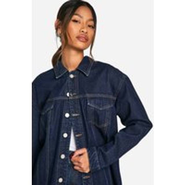 Womens Oversized Contrast Stitch Raw Indigo Denim Jacket - Blue - 12, Blue