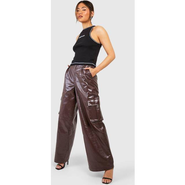 Womens Pu Coated Denim Cargo Jeans - Brown - 10, Brown