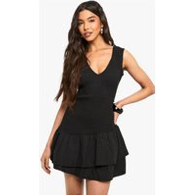 Womens Cotton Shirred Ruffle Mini Dress - Black - 12