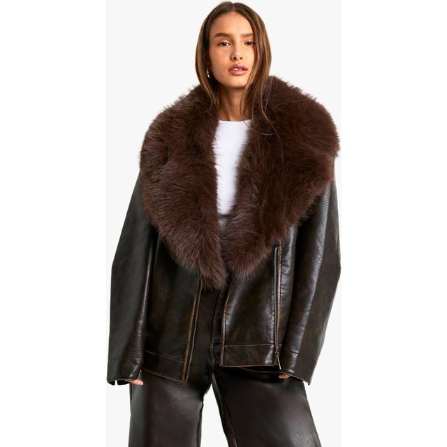Womens Faux Fur Trim Vintage Look Jacket - Brown - 14, Brown