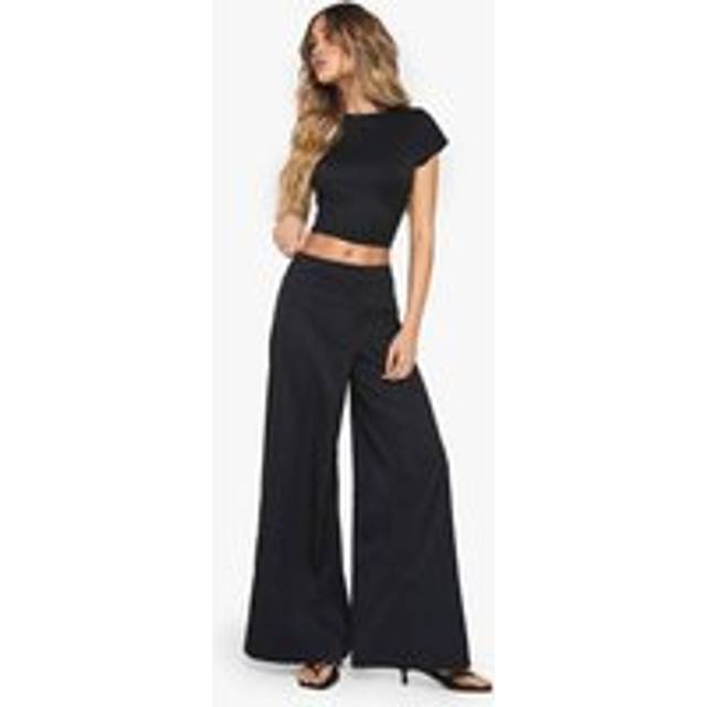 Womens Tailored Linen Look Wide Leg Trousers - Black - 8