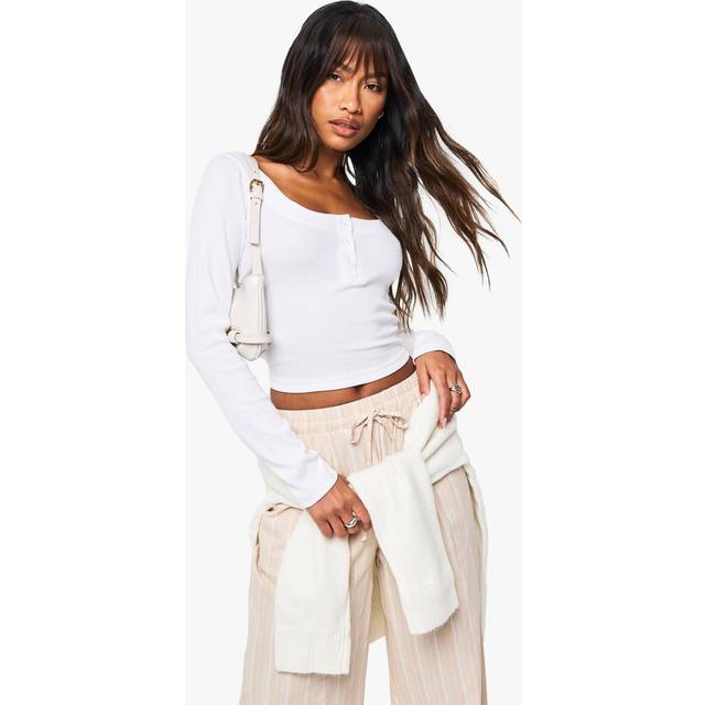 Womens Rib Detail Scoop Neck Long Sleeve Top - White - 10