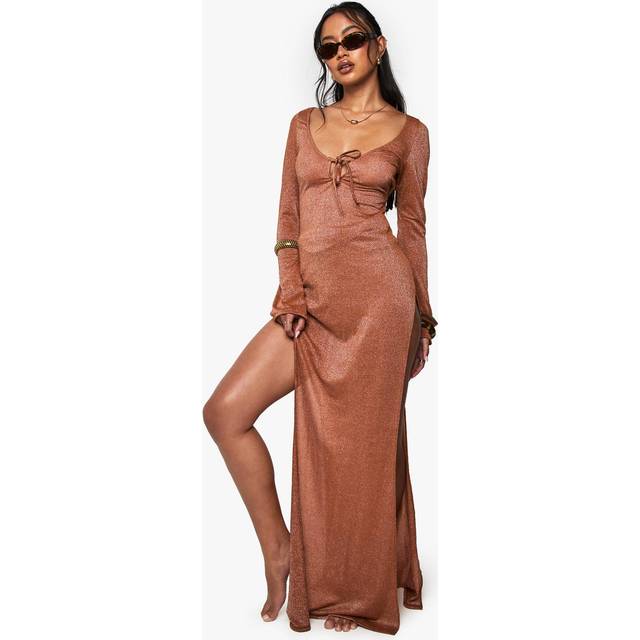 Womens Premium Swim Glitter Long Sleeve Maxi Beach Dress - Orange - 10, Orange