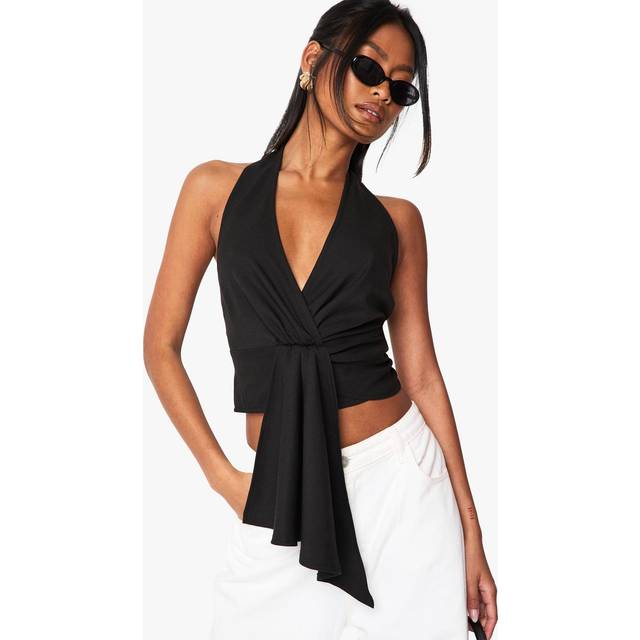 Womens Linen Halter Neck Knot Front Top - Black - 6