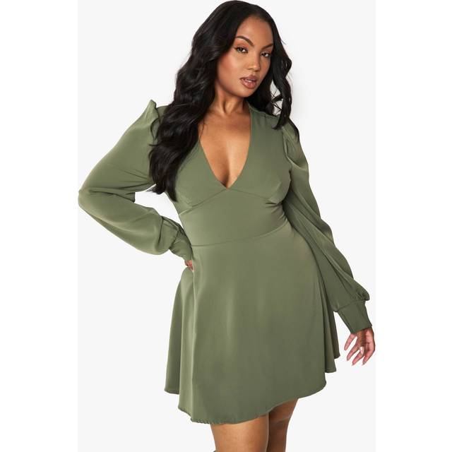 Womens Plus Long Blouson Sleeve Skater Dress - Green - 24, Green