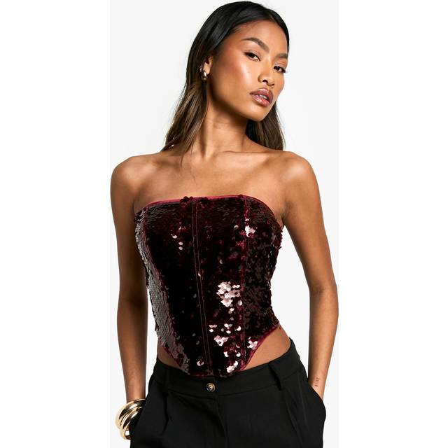 Womens Premium Sequin Lace Up Back Corset Top - Red - 16