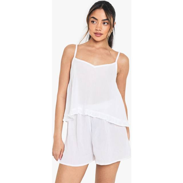 Womens Bridal Textured Cheesecloth Ruffle Detail Cami Top & Shorts Pyjama Set - White - 8, White