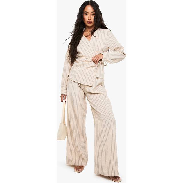 Womens Woven Striped Elastic Waist Wide Leg Trousers - Cream - 12, Cream