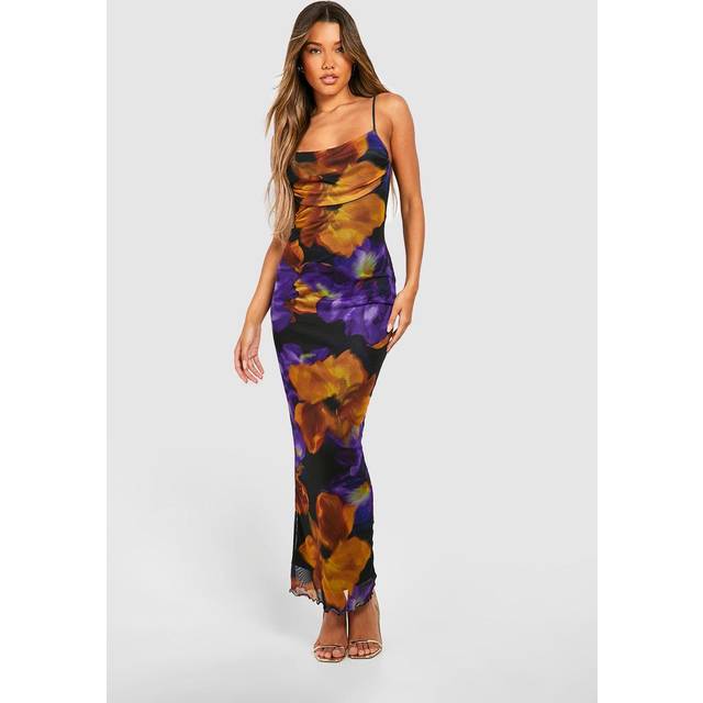 Womens Floral Print Mesh Maxi Slip Dress - Purple - 8, Purple