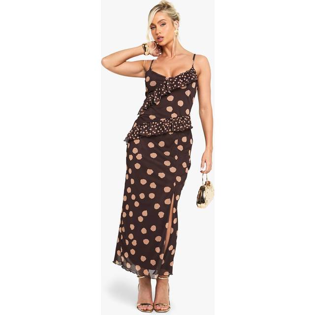 Womens Mixed Polka Dot Ruffle Mesh Maxi Dress - Chocolate - 8