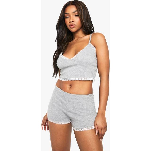 Womens Lace Trim Jersey Cami & Shorts Pyjama Set - Grey - 16, Grey