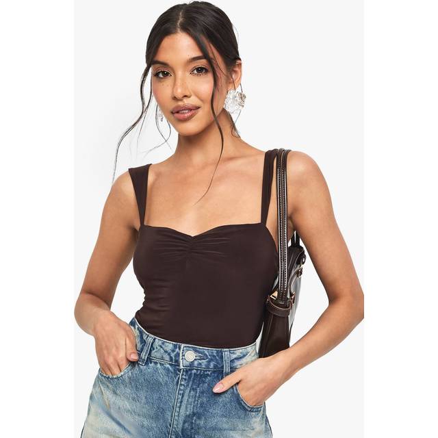 Womens Double Layer Slinky Sweetheart Neckline Top - Brown - 12