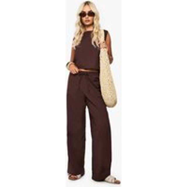 Womens Linen Look Wide Leg Trousers - Brown - 8