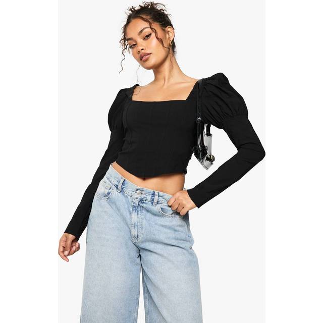 Womens Bengaline Puff Sleeve Square Neck Top - Black - 10, Black