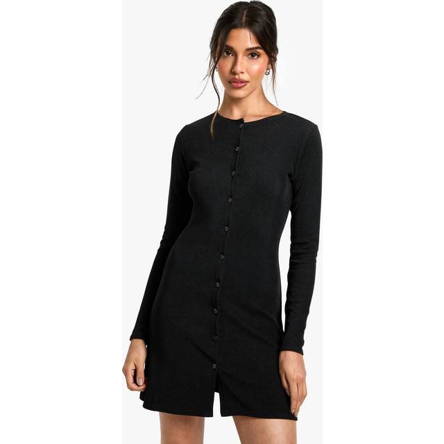 Womens Ribbed Button Down Smock Mini Dress - Black - 16
