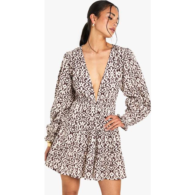 Womens Printed Linen Look Plunge Long Sleeve Mini Dress - Brown - 18, Brown