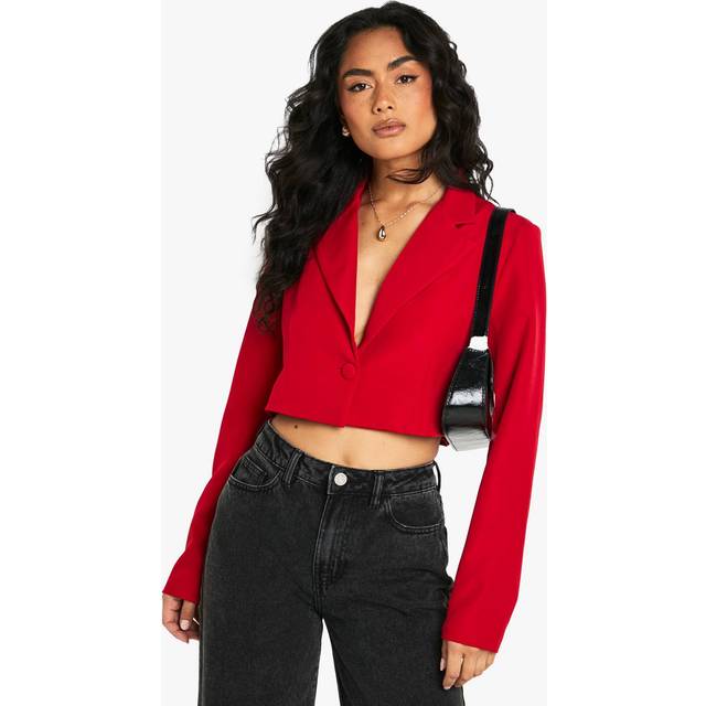 Womens Basic Woven Relaxed Fit Crop Blazer - Red - 8