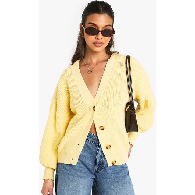Womens Balloon Sleeve Button Through Rib Cardigan - Yellow - M, Yellow