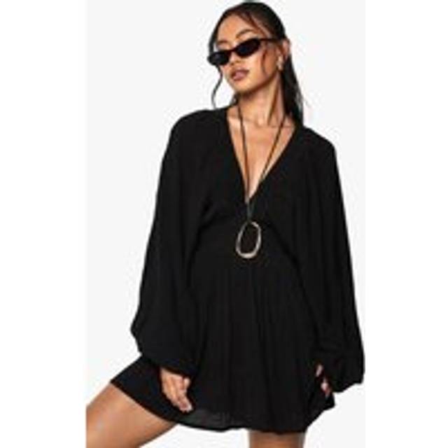 boohoo Women's Cheesecloth Plunge Long Sleeve Mini Dress in Black | Size: 8