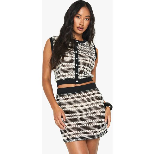 Womens Crochet Stripe Waistcoat - Black - 14, Black