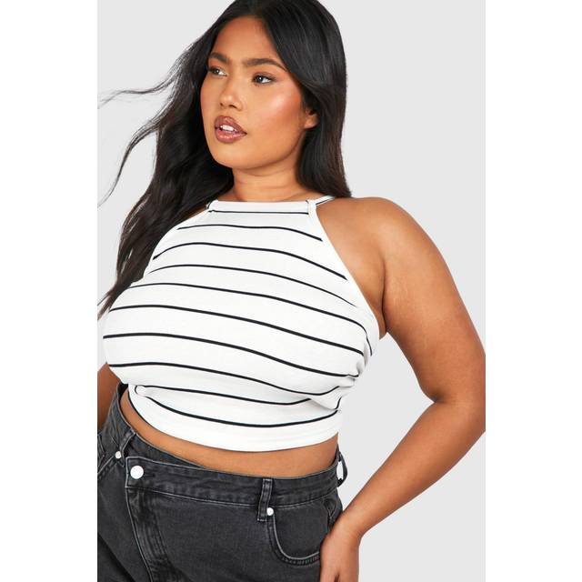Womens Plus Halter Rib Stripe Vest - White - 28, White