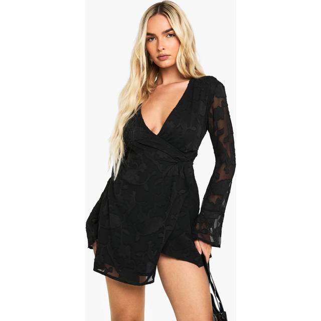 Womens Floral Burnout Wrap Mini Dress - Black - 14