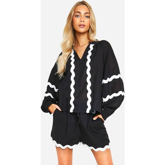 Womens Contrast Trim Linen Look Relaxed Fit Shorts - Black - 10