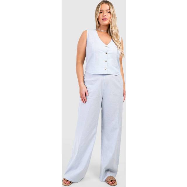 Womens Plus Woven Pinstripe Wide Leg Trouser & Waistcoat Co-Ord - Blue - 28, Blue