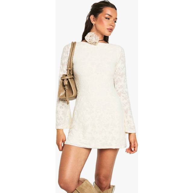 Womens Burnout Floral Long Sleeve Scoop Back Mini Dress - White - 16