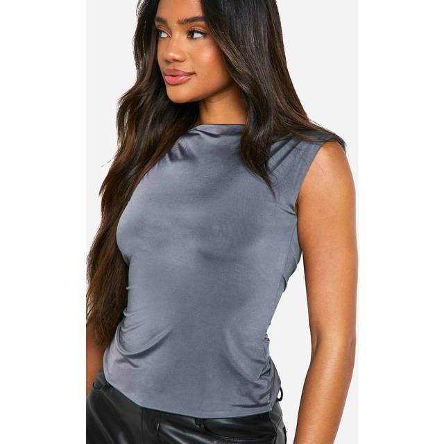 Womens Double Layer Slinky Boat Neck Top - Grey - 12
