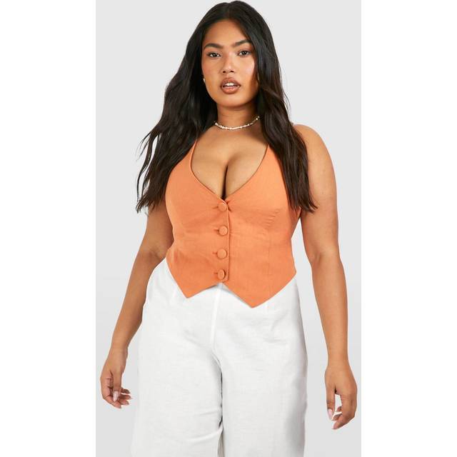 Womens Plus Linen Look Waistcoat - Orange - 28, Orange