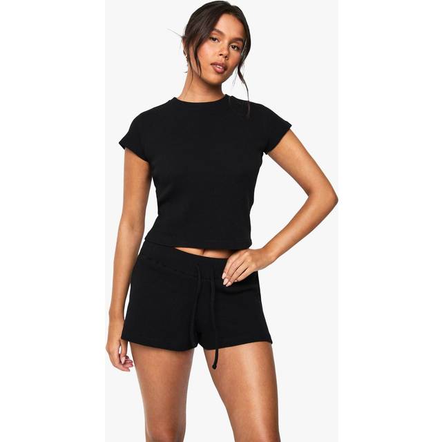 Womens Waffle Tie Waist Runner Shorts - Black - 16